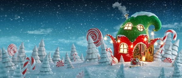 holiday messages on hold 2021 Christmas elf winter house scene